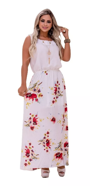 Vestido Midi Longo Estampado + Colar