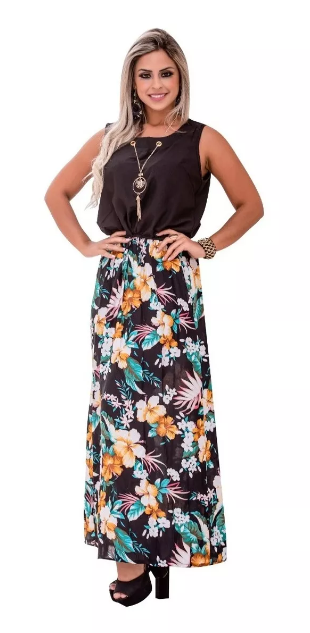 Vestido Midi Longo Estampado + Colar