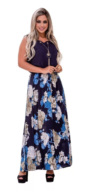 Vestido Midi Longo Estampado + Colar