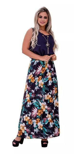 Vestido Midi Longo Estampado + Colar