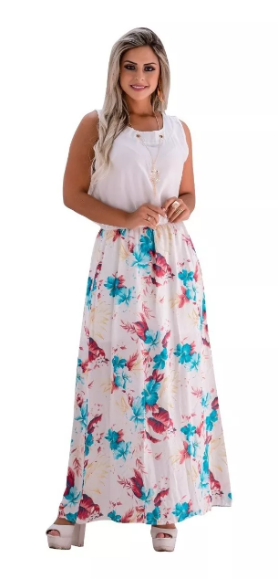 Vestido Midi Longo Estampado + Colar