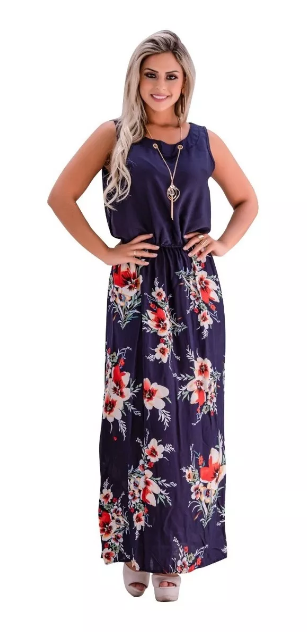 Vestido Midi Longo Estampado + Colar