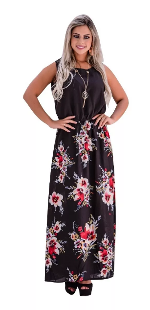 Vestido Midi Longo Estampado + Colar