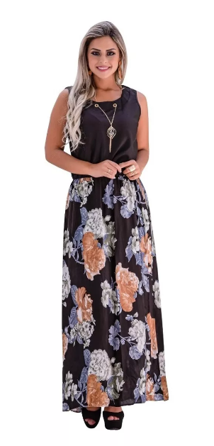 Vestido Midi Longo Estampado + Colar